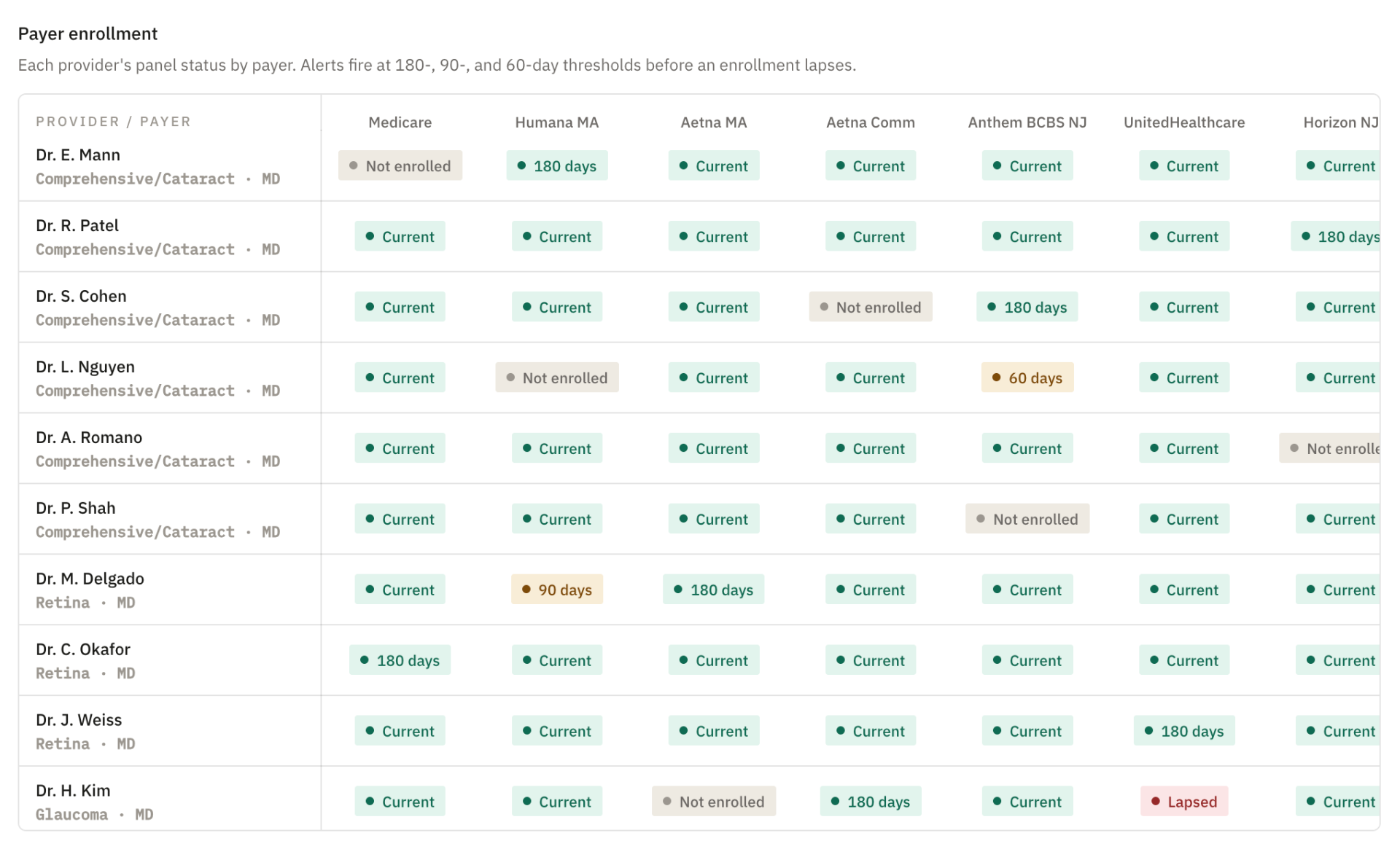 Credentialing matrix showing provider payer enrollment status across payers
